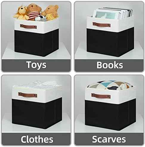 HNZIGE Cubes Storage Bins Set of 4,11 x 11 Fabric Storage Cube Baskets for Storage,Decorative Storage Bins for Shelves with Handles,Closet Clothes Baskets for Organizing Home(Black White)
