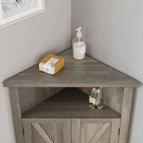 Bathroom Corner Cabinet, Farmhouse Floor Corner Cabinet with Doors and Adjustable Shelves, Freestanding Wooden Storage Hutch Cupboard for Bathroom, Kitchen, Living Room,Grey
