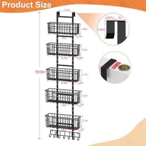 Hongtamoya Adjustable Over the Door Organizer, Metal Hanging Door Organizer with 5 Wire Basket 7 Hooks, Wall Mounted Shelf for Pantry Laundry Organization and Storage, Black