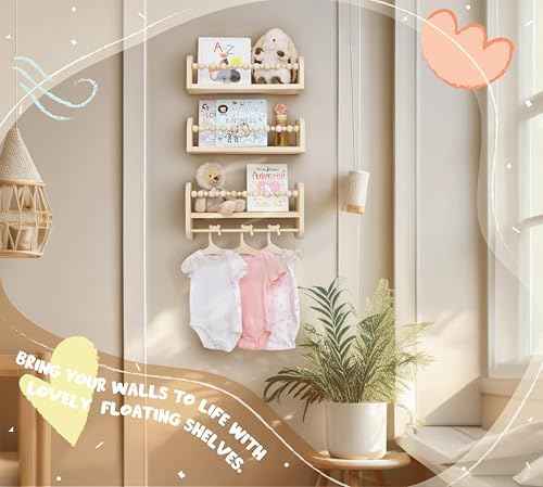 CNK Nursery Floating Book Shelves for Wall Mounted Set of 3 Book Shelf for Kids Room, Toddler Room, Baby Rooms Natural Pine Wood Bookshelf Toy Storage with Rack Playroom Decor