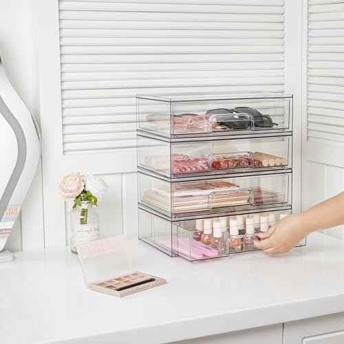 Vtopmart 12.1''W Clear Stackable Storage Drawers,3 Pack Acrylic Plastic Organizers Bins for Makeup Palettes, Cosmetics, and Beauty Supplies,Ideal for Vanity, Bathroom,Cabinet,Desk Organization