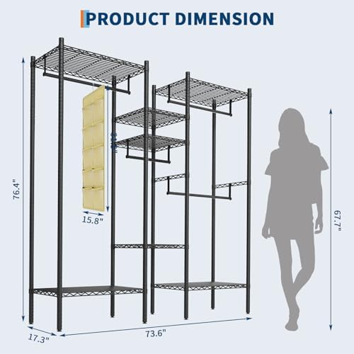 Heavy Duty Clothes Rack, Clothing Racks for Hanging Clothes, Freestanding Garment Racks with Shelves, Adjustable Closet Racks, 73.6" L x 17.3" W x 76.4" H, Max Load 1000LBS, Black