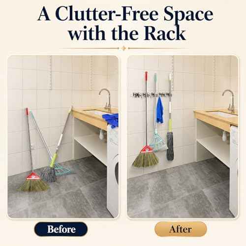 voze 5 Racks and 4 Hooks Mop and Broom Holder Wall Mount, Self Adhesive Heavy Duty Broom Hanger Organizer Storage Tool Racks for Kitchen Garden Laundry Garage
