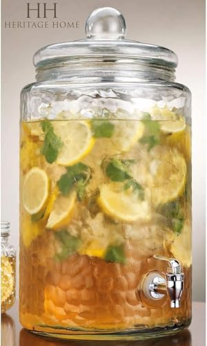 3 Gallon Classic Hammered Glass Ice Cold Beverage Drink Dispenser - With Glass Lid 100% Leak Proof Spigot- Wide Mouth Easy Filling For Outdoor, Parties & Daily Use