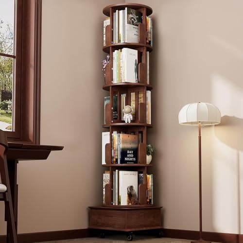 Solid Wood Rotating Bookshelf Tower on Wheels, 5-Tier Spinning