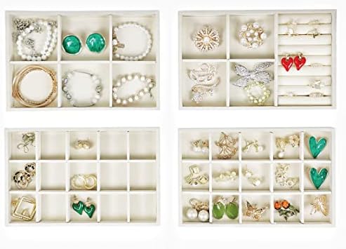 Set of 4 Stackable Jewelry Trays Organizer, Velvet Earring Organizer, Jewelry Organizer Showcase Display Drawer Organizer Storage, Earring Holder Necklace Bracelet Ring Accessary Organizers (Beige)