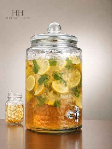 3 Gallon Classic Hammered Glass Ice Cold Beverage Drink Dispenser - With Glass Lid 100% Leak Proof Spigot- Wide Mouth Easy Filling For Outdoor, Parties & Daily Use