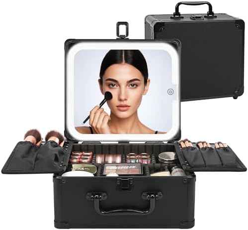 Relavel Makeup Bag with LED Mirror, Makeup Box Travel Train Case with Rechargeable Lighted Mirror & Adjustable Dividers, Cosmetic Brush Organizer Storage for Makeup Artists Gifts for Women and Girls