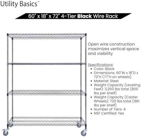 NSF Commercial 4-Tier Wire Shelving with Wheels, 60"x18"x72" Heavy