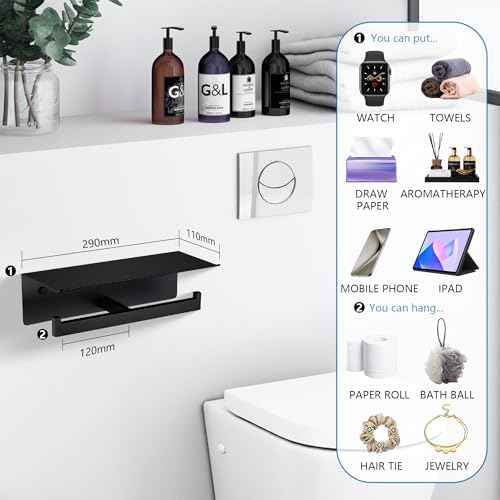 LANC Double Toilet Paper Holder with Shelf, Matte Black Commercial Toilet Tissue Roll Dispenser with Phone Shelf Stainless Steel for Bathroom, Kitchen, Apartments Wall Mounted, A8877MB