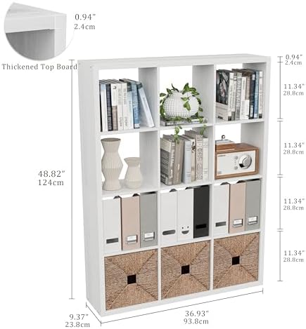 VDNEND Cube Storage Organizer Bookcase, Decorative 11 inch Open Back Cubical Shelf with Thickened Border, Display Bookshelf for Living Room, Home Office, Sturdy Room (White, 12 Cube)