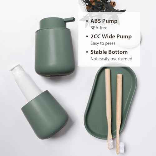 INGOFIN 3 Pcs Ceramic Bathroom Accessory Set - Liquid Soap Dispenser, Toothbrush Holder & Tray, Bathroom Counter Set, Countertop Essentials for Home, Guest Bathroom, or Office Use, Matte Green