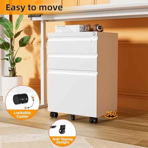 INTERGREAT 3 Drawer Filing Cabinet with Lock, White Mobile File Cabinet with Wheels, Rolling Small Metal Cabinets Under Desk for Home Office, Assembled
