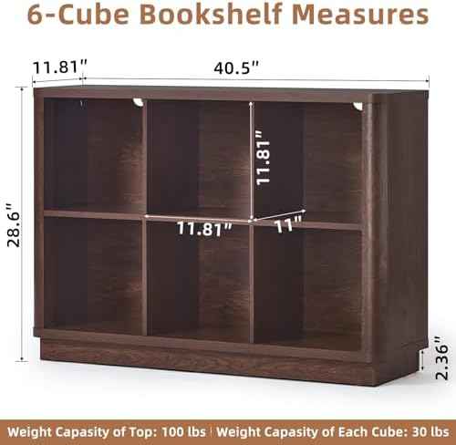 Joaxswe 6 Cube Bookcase, 40" Wide Low Horizontal Book Shelf w/Curved Edge, Wood Floor Standing 2-Tier Bookshelf with Base, Modern Short Storage Organizer for Bedroom,Office, Walnut