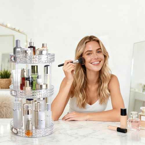 360 Rotating Perfume Organizer, 3 Tier, Diamond Pattern, Clear