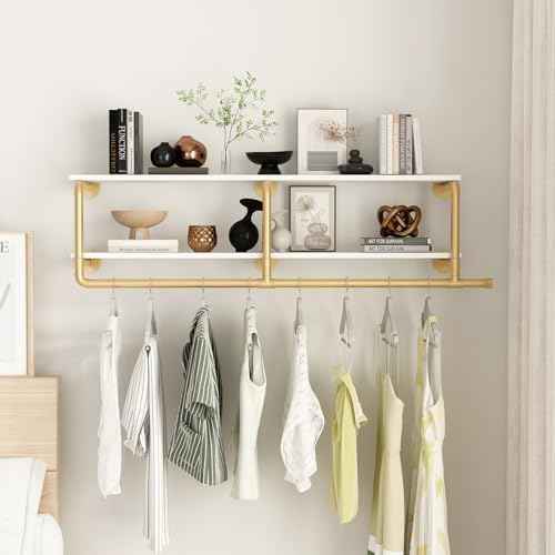 ORSENIGO Industrial Pipe Clothing Rack with Shelves, Gold Wall Mounted Clothes Rack Heavy Duty Display Garment Rack for Home Retail