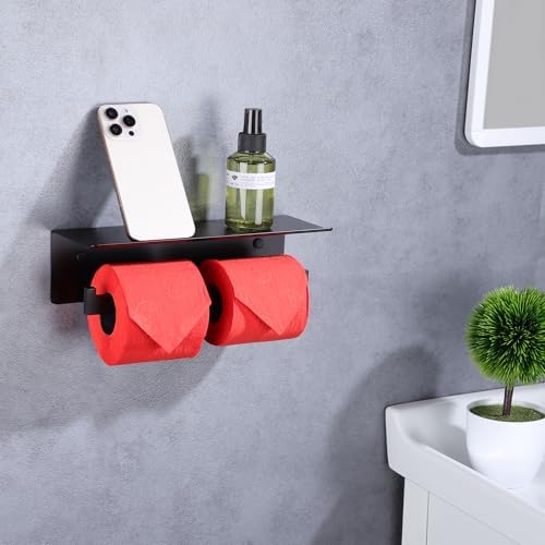 LANC Double Toilet Paper Holder with Shelf, Matte Black Commercial Toilet Tissue Roll Dispenser with Phone Shelf Stainless Steel for Bathroom, Kitchen, Apartments Wall Mounted, A8877MB