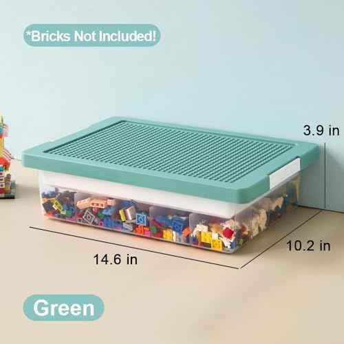 Toys Storage Organizer Box for Lego, Toy Storage Box with Building Plate Lid and Removable Tray, Building Block Storage, Stackable Plastic Organizer Bins(Green)
