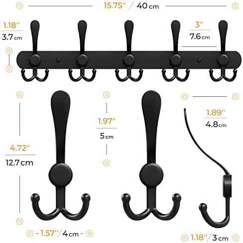 Coat Rack Wall Mount with 5 Tri Hooks – 16 Inch Stainless Steel Coat Hook Rack, Heavy Duty Wall Mounted Organizer for Coats, Hats, Towels, Robes, Bags, Scarves, Entryway, Bathroom - Black 2 Pack