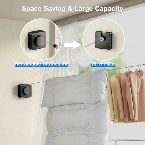 MUSTORN Retractable Clothesline Indoor, Non-Sagging Outdoor Clothes Line Retracting Heavy Duty Clothes Drying Laundry Line Wall Mounted Stainless Steel Line-13.8 Feets(Black)