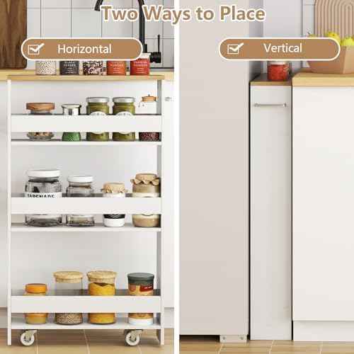 Slim Rolling Storage Cart, 4 Tier Narrow Kitchen Cart with Wheels, Between Washer and Dryer Cart, Wood Shelving Unit Organizer w/Handle for Small Spaces (White & Natural, 5-Inch)