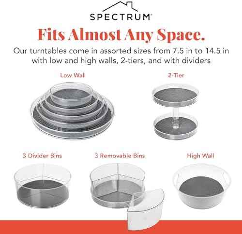 Spectrum Medium Lazy Susan Organizer 9.5 in for Cabinet Refrigerator Pantry Table Rotating Kitchen Storage Spice Rack Fridge Organization, Charcoal Gray Spinning Turntable for Sauces Jams Condiments