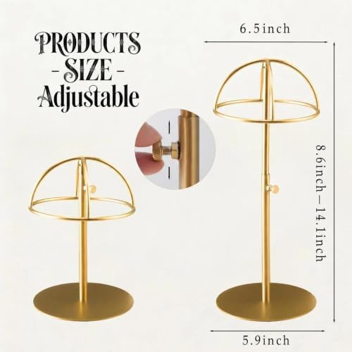 Hat Display Stand 2PCS Stainless Steel Brushed Nickel Titanium Hat Stand Metal Golden Adjustable Height Cap Rack Showcase Fingerprint Resistant for Home Boutique Retail Store