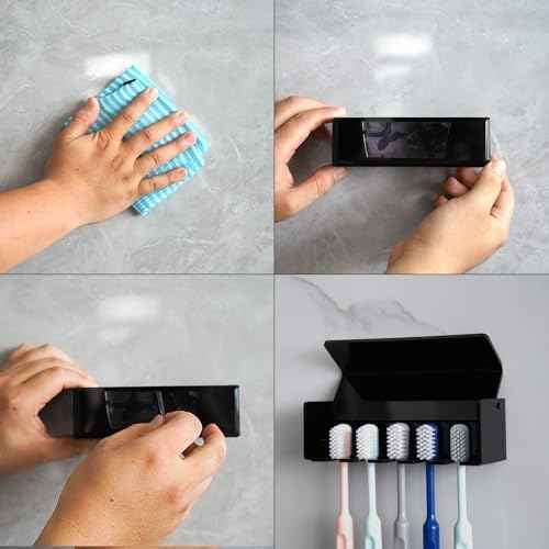 5 Slots Wall Mount Toothbrush Holder with Cover, Self Adhesive Toothbrush Storage Organizer for Shower, Toothbrush Hanger for Bathroom, Medicine Cabinet, Dorm (Black)