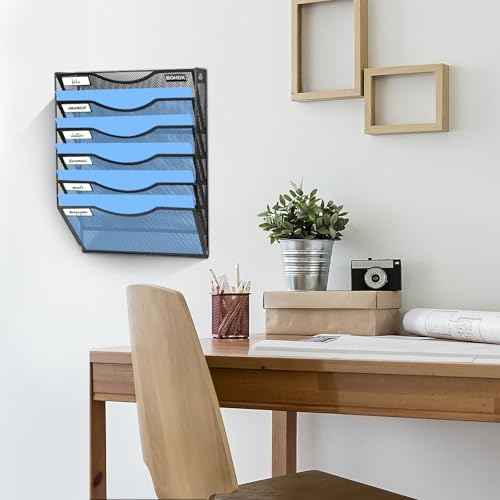 BOHDK Wall File Organizer, 6 Tier Hanging File Folder Mail Organizer, Vertical Mesh Metal Wall Mount Hanging File Holder, Paper Document Magazine Rack for Home Office Black