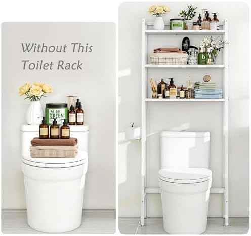 Over The Toilet Storage, Wooden 3-Tier Over-The-Toilet Rack Bathroom Space Saver Organizer, Freestanding Above Toilet with Toilet Paper Holder and Hooks (White)