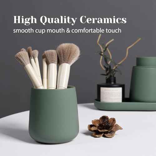 INGOFIN 3 Pcs Ceramic Bathroom Accessory Set - Liquid Soap Dispenser, Toothbrush Holder & Tray, Bathroom Counter Set, Countertop Essentials for Home, Guest Bathroom, or Office Use, Matte Green