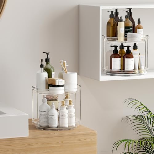 2 Pack 2 Tier Lazy Susan Turntable Organizer 9.25 inch, Rotating Spice Rack Organization for Cabinet, Bathroom, Pantry, Countertop, Kitchen, Vanity, Medicine Cabinet Organizer, Clear