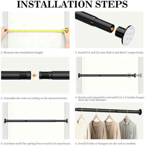 No Drilling Closet Rod, Adjustable Black Closet Rod, 28-98 Inches Closet Tension Rods for Hanging Clothes for Wardrobes, Closet, Laundry & Bathroom