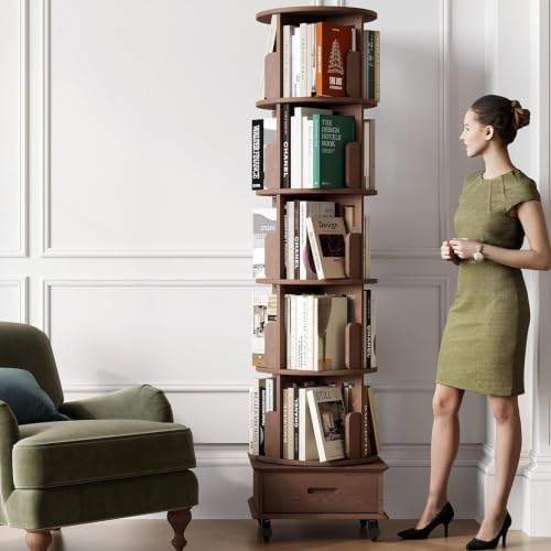Solid Wood Rotating Bookshelf Tower on Wheels, 5-Tier Spinning