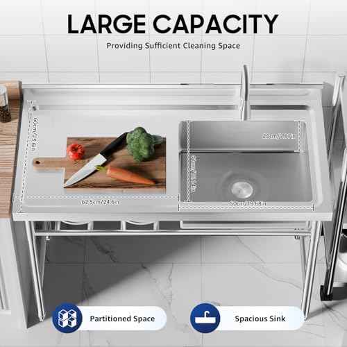 Free Standing Stainless Steel Kitchen Sink Single Bowl with Workbench & Storage Shelves, Commercial Utility Prep Sink for Restaurant Indoor Outdoor Use