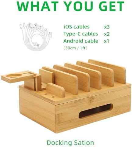 Bamboo Charging Station with Watch Stand, Desktop Charging Station Organizer, Wood Docking Station for Phones, Tablets, Watch, Earbuds (No Power Supply)