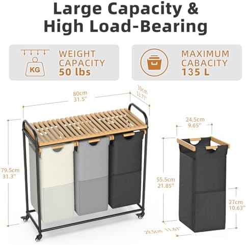 BambooHomie Laundry Hampers 3 Section, Laundry Sorter with Removable Shelf and Pull-Out Bags, Rolling Cart Clothes Hampers Basket with Wheels for Laundry Room Bathroom, 3 x 45 L (Black Beige Gray)