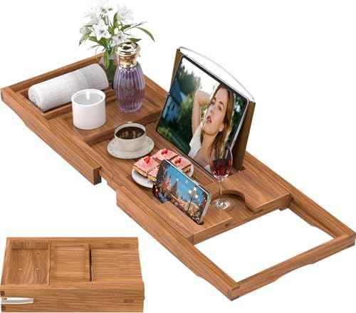Teak Bathtub Tray Caddy, Expandable Wooden Bath Tray for Tub