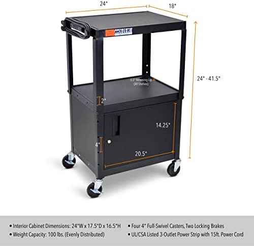 Line Leader AV Cart w/Locking Cabinet, Black Metal Utility Cart with
