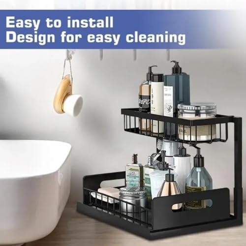 Under Sink Organizer with Sliding Drawer, Pull Out Wire Basket for Kitchen or Bathroom Cabinet Storage Under Sink Organizer Pull Out Wire Basket Sliding Drawer