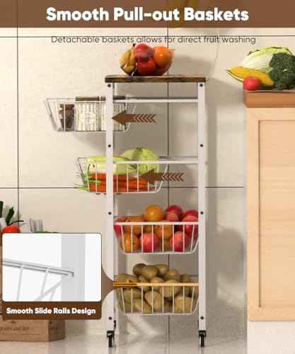 Fruit Vegetable Storage Cart for Kitchen, 5-Tier Vegetable Stand Rack with Pull-Out Fruit Baskets, Rolling Snack Cart with Wood Top & Banana Holder for Pantry, Living Room, Bathroom, White