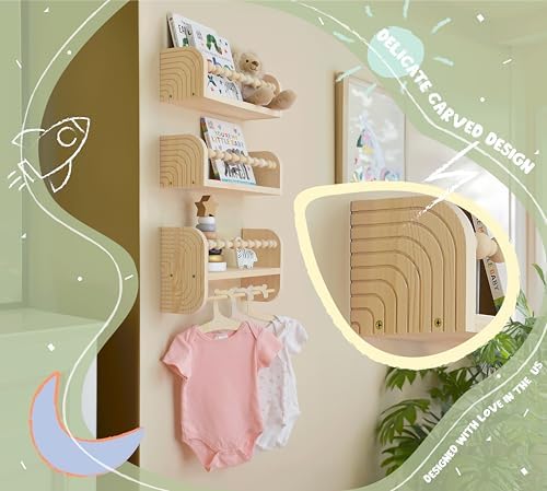CNK Nursery Floating Book Shelves for Wall Mounted Set of 3 Book Shelf for Kids Room, Toddler Room, Baby Rooms Natural Pine Wood Bookshelf Toy Storage with Rack Playroom Decor