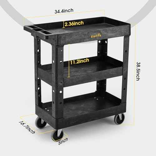 ELAFROS 3-Shelf Heavy Duty Plastic Rolling Utility Cart, 34 x 17 x 38.5 in