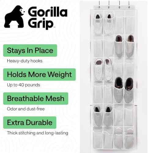 GORILLA GRIP Over the Door Shoe Organizer, 24 Large Pockets, White