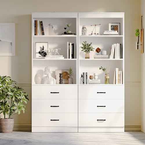 70" H Bookshelf with Drawers, Tall Bookcase with 3-Tier Open Shelves, Bookshelf and Bookcase with Storage Cabinet for Home Office,Living Room(White, 6-Tier)