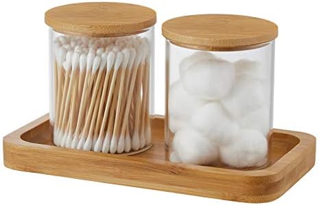 INIUNIK Glass Qtip Holder with Vanity Tray, Apothecary Jars Bathroom Accessories Bathroom Canisters Organizer Countertop Q Tip Holder for Cotton Ball Round Swab Pad Hair Ties Floss Perfume Jewelry