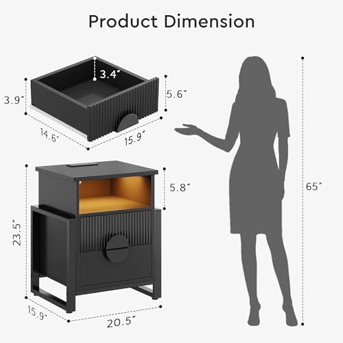 HolliWill Fluted Nightstand Set of 2 with Charging Station and LED Lights, 20" Night Stand with 2 Drawers, Large Bed Side Table with Raising Legs and Curved Profile Design for Bedroom, Black