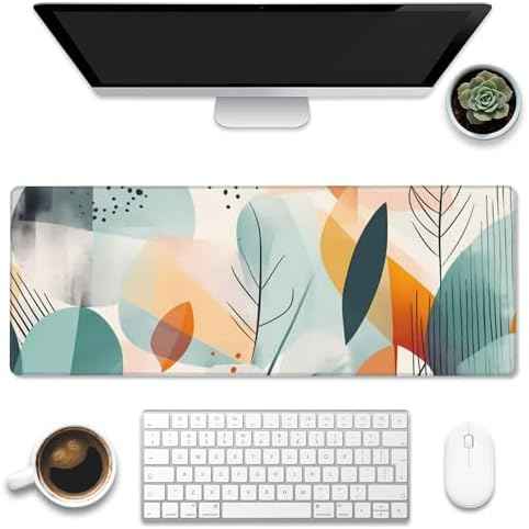 Desk Pad, Abstract Colorful Leaves Desk Mat, Large Gaming Mouse Pad with Non-Slip Base and Stitched Edge, 31.5"x11.8"