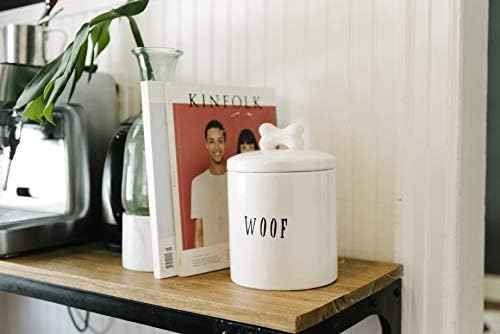 Creative Co-Op Ceramic Dog Treat Jar with Woof Message and Bone Handle