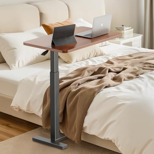 Simple Deluxe Adjustable Overbed Bedside Table with Wheels, Pneumatic Adjustable Hospital & Home Use Bed Table, Rolling Laptop Table, Mobile Standing Desk, Brown
